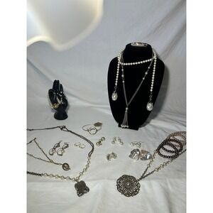 2-3lbs Wearable Chunky Faux Pearl Necklace Bracelet Earrings Silver Tone Metal